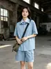 Camisa de Manga Corta con Cuello Turn-Down, Bloques de Color a Rayas Estilo Coreano, Falso Dos Piezas para Hombre, Nuevo Diseño Primavera/Verano, Top Casual Holgado para Mujer