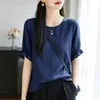 Camiseta Feminina de Algodão Tamanho Grande Verão 2026 Nova Manga Curta Frente Curta Costas Longas Casual Moda Emagrecedor Top