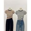 Camiseta Rayada Estilo Americano para Mujer, Bloques de Color, Rejuvenecedora, Mangas Cortas de Hombro Normal, Verano 2026, Corte Ajustado, Estilo Chica Picante, Top Adelgazante