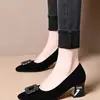 Sapatos de Salto Baixo Pontudos da Moda Versáteis para Mulheres 2026 Primavera Novos Sapatos Retro com Fivela Quadrada Strass para Mães de Meia-Idade e Idosas