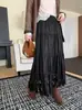 Saia Midi Plissada com Franjas para Mulheres, Cintura Elástica Saia Evasê, Estilo Casual Emagrecedor, Saia Camada Cor Sólida, Novo 2026