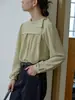 Camisa de Mujer Morirose Albaricoque Verde Claro Solapa Diagonal Plisada Manga Larga Otoño Diseño Retro Francés Top