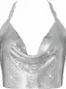 Camisola Sexy Metálica con Lentejuelas Crop Top Cuello en V Profundo Espalda Descubierta Camisa Chaleco Ropa de Club para Mujer
