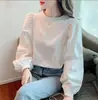 Camisa blanca holgada de estilo francés con mangas abullonadas para mujer, elegante, chic, diseño dulce, top de cuello redondo, estiliza y versátil