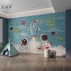 Papel Tapiz Habitación Infantil Habitación Niño Astronauta Cohete Cielo Estrellado Dibujos Animados Revestimiento de Pared Parque Infantil Guardería Papel Tapiz Azul