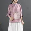 2024 Nueva Camisa Retro de Algodón y Lino Estilo Chino para Mujer Primavera y Verano Estilo Chino Cuello Alto Botones Top Inclinado Bordado Ropa de Té