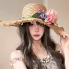 Sombrero de paja con ala ancha y tiras para mujer, estilo coreano, transpirable, para verano, playa, vacaciones, pescador