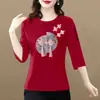 Camiseta de Comercio Exterior Transfronterizo de Siete Mangas para Mujeres de Mediana Edad y Mayores, Top Moderno para Mamá que Reduce la Edad, Elegante Nuevo Estilo Chino