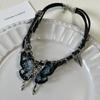 Colar de Couro Azul com Borboleta e Rebites Doce Fresco Escuro Design de Moda Feminina Colar de Alta Qualidade Corrente de Clavícula Distinta
