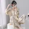 Conjunto de pijama de algodón de manga larga, pierna larga, con estampado de nubes y cuello redondo para mujer, de estilo relajado y casual con lindos diseños de dibujos animados, perfecto para ropa de estar.