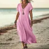 Vestido feminino de cor sólida, gola V, estilo solto, imitação de algodão, para comércio exterior transfronteiriço europeu e americano, Amazon, Wish, site independente