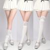 Calcetines de encaje gris dulce para niña JK, calcetines largos de algodón hasta la rodilla con costuras de lazo de encaje