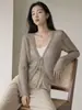 Elegante Cárdigan de Punto Jacquard Hueco Francés de Seda y Cachemira, Top de Lana con Cuello en V y Cinturón de Corbata Estilo Vintage