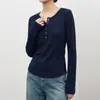 Nueva Camiseta de Manga Larga a Rayas Ajustada con Cuello Semiabierto para Mujer, Principios de Otoño, Cómoda, Estilo Coreano, Capa Base Adelgazante