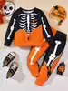 Ropa de dormir de dos piezas para niños, estilo europeo y americano, para primavera y otoño, con estampado de calaveras para Halloween, manga larga y pantalón largo, ropa para niños Ins