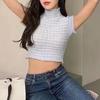 Suéter fino de malha vazada estilo coreano, doce e suave, com gola alta curta, manga curta, slim fit, novo para o verão de 2024, para mulheres