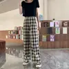 Pantalones de Cuadros de Pierna Ancha para Mujer Transmisión en Vivo Ajuste Holgado Adelgazantes Verano Delgados Rectos Casuales Cintura Alta Pantalones de Cuadros Estilo Hong Kong