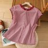 Camisa a cuadros con cuello de encaje vintage de tiro real para mujer, nueva camisa pequeña de verano 2024 con mangas holgadas y temperamento para cubrir los hombros
