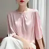 Top Transfronteiriço Verão 2026 Novo Estilo Francês Acetato Cetim Manga Três Quartos, Cor Sólida Emagrecedor Camiseta de Alças Finas Plissada