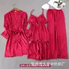 Pijama Feminino de Verão Fino Seda Gelada Renda Sexy Alça Longa Camisola Conjunto de Quatro Peças Roupas Caseiras Femininas com Bojo