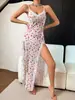 Estilo Chica Picante Pura Pasión Europea y Americana Falda Larga de Malla Transparente Vestido Largo con Estampado de Leopardo Floral Abertura Alta Tirantes Finos Lencería 8477