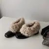 Versão em Couro Quadrado Sapatos Peludos Slip-on Retro Mais Veludo Quente Mary Jane Sapatos Pequenos de Couro Sapatos de Algodão Salto Grosso Sapatos de Salto Único