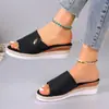 2025 Verano Nuevo Estilo Tela Comercio Exterior Chanclas de Cuña Talla Grande Suela Gruesa Cuerda de Cáñamo Sandalias de Una Tira Europeas y Americanas para Mujer Venta al por Mayor