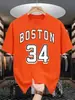 Boston 34 Estampa de Letras Artísticas Camiseta Vintage Masculina Casual Solta Moda Algodão Verão Unissex