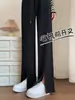 Pantalones grises de pierna ancha con abertura para mujer, adecuados para primavera, otoño y verano, de cintura alta, fluidos, pantalones deportivos casuales grises de pierna recta estrecha
