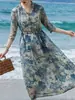 Vestido de Ramio Estampado con Tinta para Mujer, Estilo Retro Artístico, Temperamento Suave, Cintura con Cordón, Falda Larga de Ramio con Dobladillo Ancho