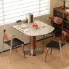 Mesa de Comedor Plegable Retráctil de Losa de Roca Estilo Antiguo, Color Nogal, Madera Maciza, Adecuada para Apartamentos Pequeños, Convertible a Mesa Redonda, Mesa y Sillas Funcionales