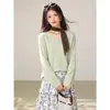 Suéter Feminino Gola Redonda Vazado Cardigan de Tricô Emagrecedor Primavera Blusa Externa de Gaze Verde