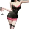 Atractivo Camisón Sexy de Malla Transparente con Parches Negros y Rosas, Falda Ajustada a la Cadera, Lencería Erótica para Mujeres Jóvenes, Falda Ajustada a la Cadera que No Necesita Quitarse