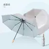 Guarda-chuva Dupla Finalidade Sol e Chuva, Camada Dupla Prata Titânio, Proteção Solar, Proteção UV, Três Dobras, Cabo de Madeira, Guarda-sol