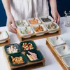Plato de Frutas Compartimentado con Marco de Bambú Creativo, Nuevo Plato de Cerámica Estilo Nórdico para Snacks con Tapa, Bol Sencillo para Snacks para Sala de Estar en Casa