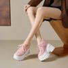 Primavera Verano Hueco Rosa Piel Genuina 14cm Altura Interna Aumento Zapatos de Plataforma Zapatos Casuales Deportivos de Tacón Pequeño Ultra Alto con Suela Gruesa para Mujer
