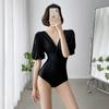 Traje de baño sexy de una pieza con escote en V y mangas abullonadas de color liso, adelgazante, para mujer, retro francés, Corea del Sur, traje de baño para aguas termales