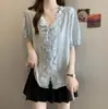 Camisa de Verano Nueva para Mujer Talla Grande, Holgada, Adelgazante, Cubre Imperfecciones, Diseño con Cuello de Lazo, Manga Corta
