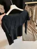 Top de punto de un hombro con diseño de nicho estilo francés para mujer, nueva colección otoño e invierno, con volantes, adelgazante, elegante, color negro