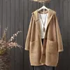 Cardigan de Tricô com Capuz Solto Novo Estilo Outono e Inverno para Mulheres, Suéter Longo Versátil de Cor Sólida, Jaqueta Casual da Moda
