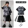 Ropa de Moda Hip-Hop para Niños Traje Negro de Manga Corta con Chaleco Falso para Niños Ropa Genial de Percusión para Actuación de Niñas