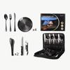 Talheres de Aço Inoxidável para Viagem ao Ar Livre Estilo Camping Prato para Piquenique e Churrasco Clipe para Prato Faca de Bife, Garfo e Colher Conjunto Bolsa Portátil para Cosméticos