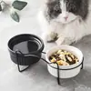 Cuenco cerámico para gato con soporte de hierro, cuenco elevado para gato que protege el cuello, cuenco de agua cerámico, cuenco para perro, patrón vertical de rayas blancas y negras, cuenco específico para gatos