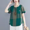 Camiseta Retro de Manga Curta e Gola Redonda de Algodão e Linho para Mulheres Verão 2025 Novo Estilo Camiseta Xadrez Tamanho Plus Top Xadrez Feminino
