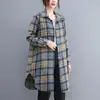 Camisa a Cuadros Vintage de Longitud Media para Mujer de Primavera y Otoño, Blusa Holgada de Manga Larga Talla Grande