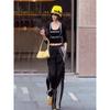 Moda Verano 2025 Nuevo Chaleco Negro de Punto de Alta Gama Ajustado que Reduce la Edad, Pantalones Casuales, Conjunto de Tres Piezas para Mujer