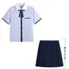 Conjunto de uniforme JK azul de estilo colegial de manga corta, apto tanto para niños como para niñas, uniforme de preparatoria, uniforme de clase, camisa, falda plisada, atuendo para actuación de graduación