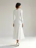 Vestido largo de manga larga para mujer, color liso, cuello en V fruncido irregular, nuevo de otoño e invierno, comercio exterior transfronterizo europeo y americano Amazon