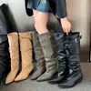 Botas de Verano para Mujer, Punta Fina, 2026 Estilo Vintage Desgastado de Caña Alta con Tacón Grueso, Eje Ancho Nuevo con Hebilla de Cinturón, Estilo Western