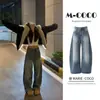 Jeans Retrô Americano Azul Lavado de Perna Larga Estilo Cimitarra para Mulheres, Design de Verão, Soltos, Emagrecedores e Versáteis Calças de Comprimento Total